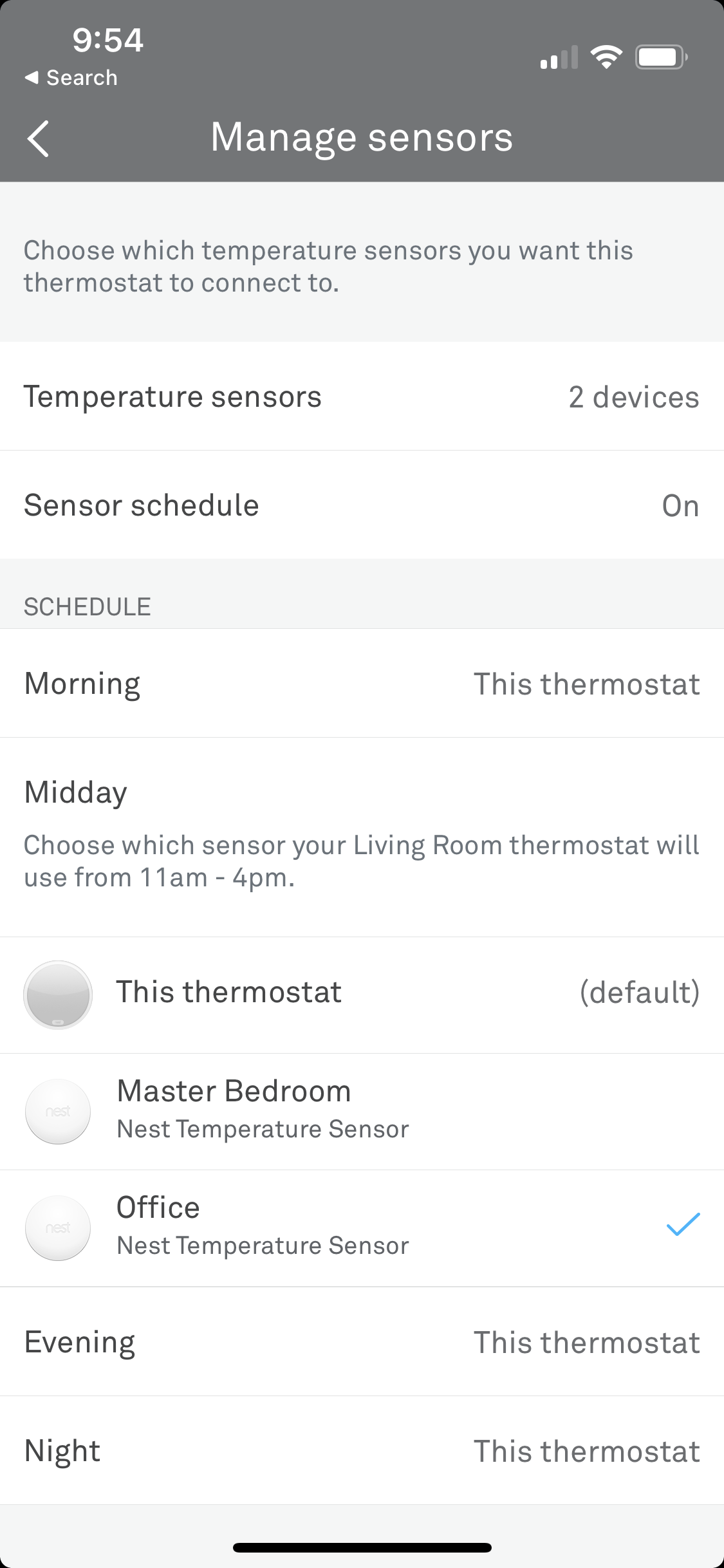 screenshot of the Nest app showing how manage the different sensors and when they are scheduled