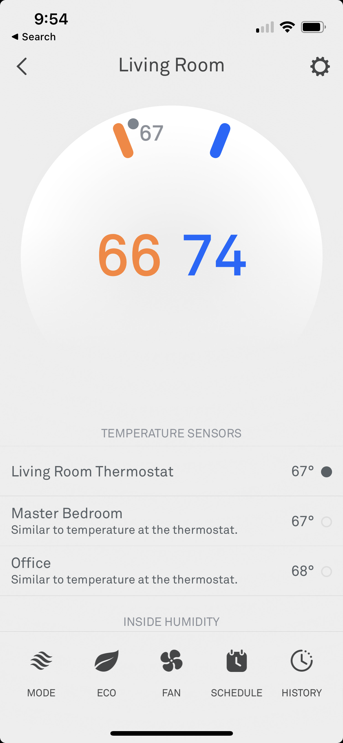 screenshot of the Nest app showing the current temperature 67 and the selected ranges of 66 and 74.