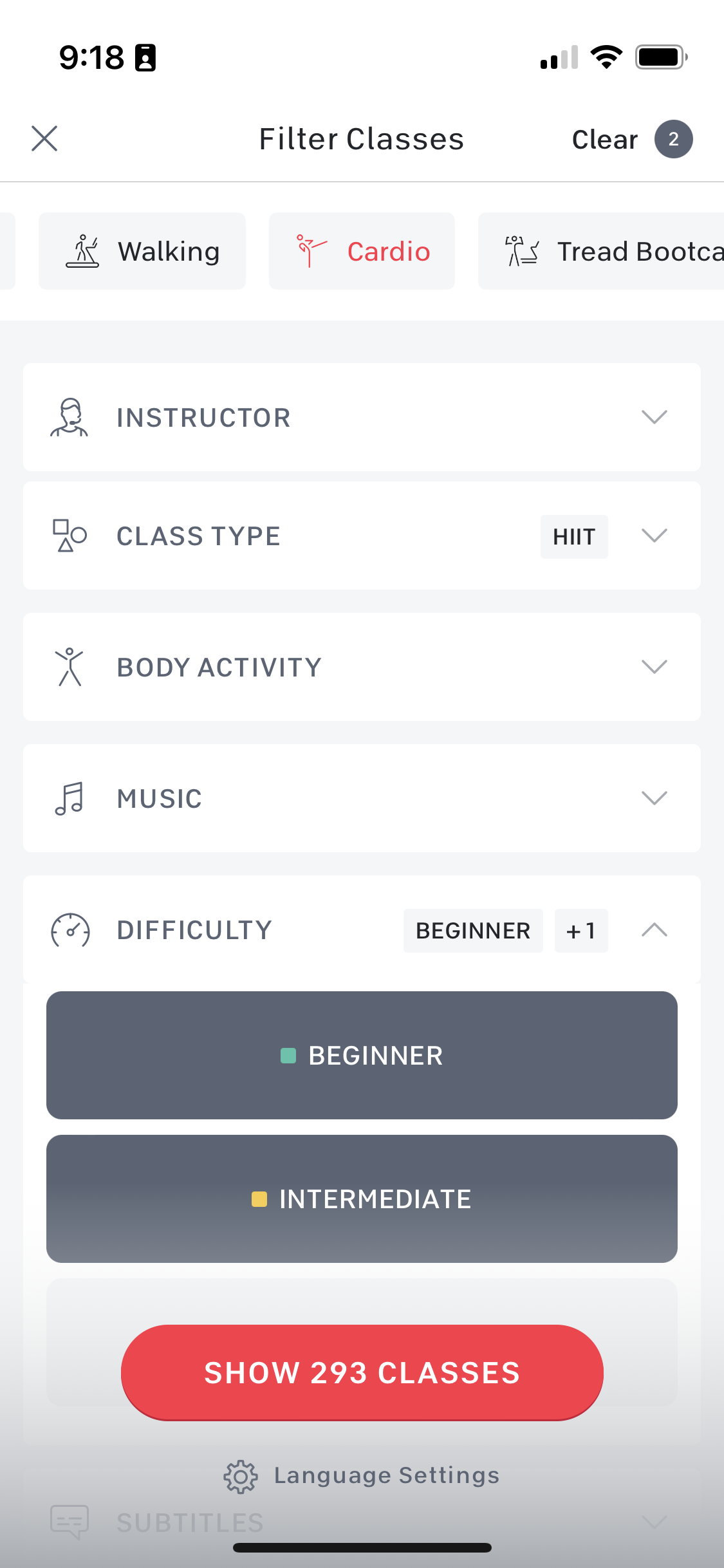 screenshot of the Peloton app showing the HIIT Cardio filters and the Beginner, Intermediate, or Advanced Difficulties