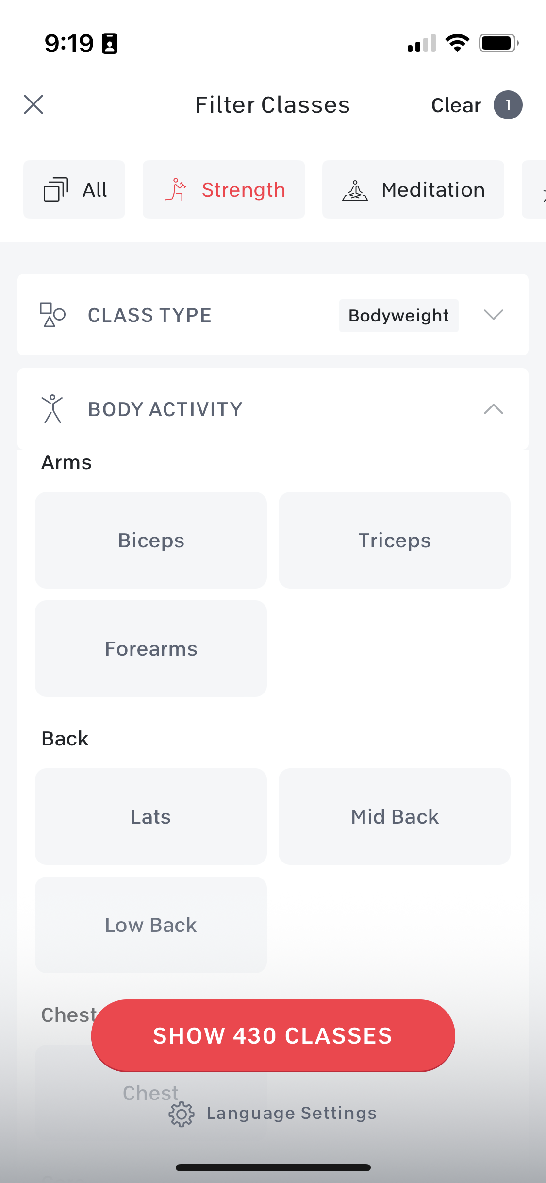screenshot of the Peloton app showing filters for the Bodyweight strength classes 