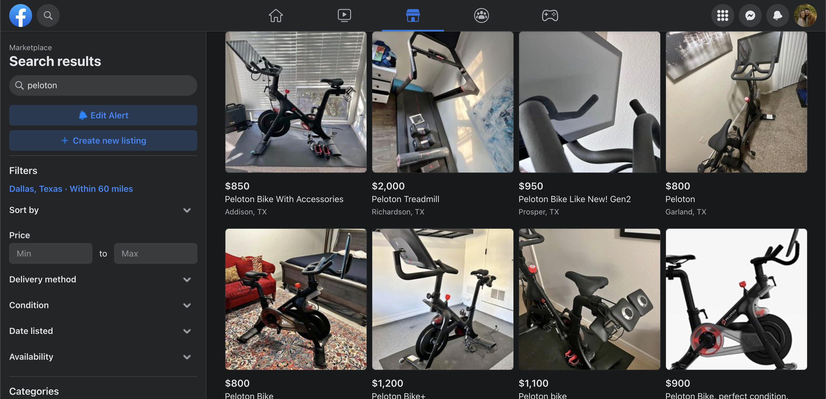 Screenshot of Facebook MarketPlace listings for used Pelotons. They range in price from $800 to $1200.