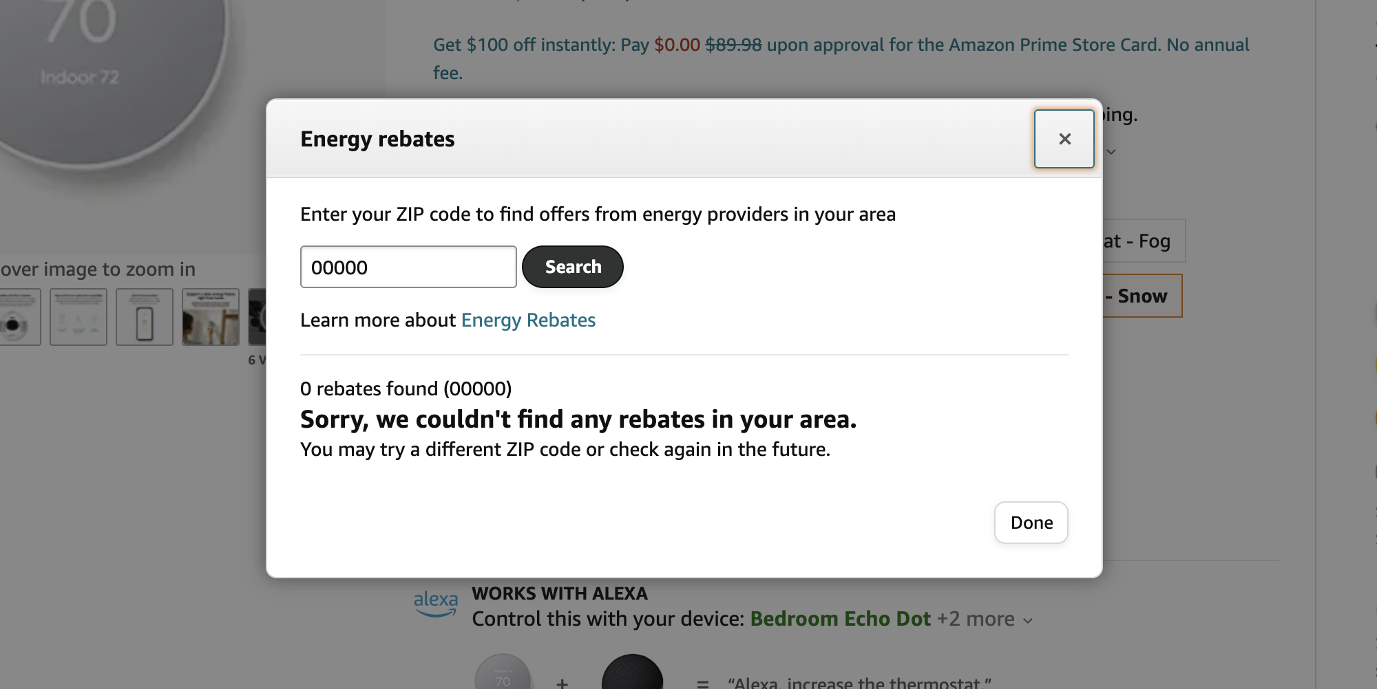 screenshot showing the way to check for rebates for the nest thermostat on Amazon.