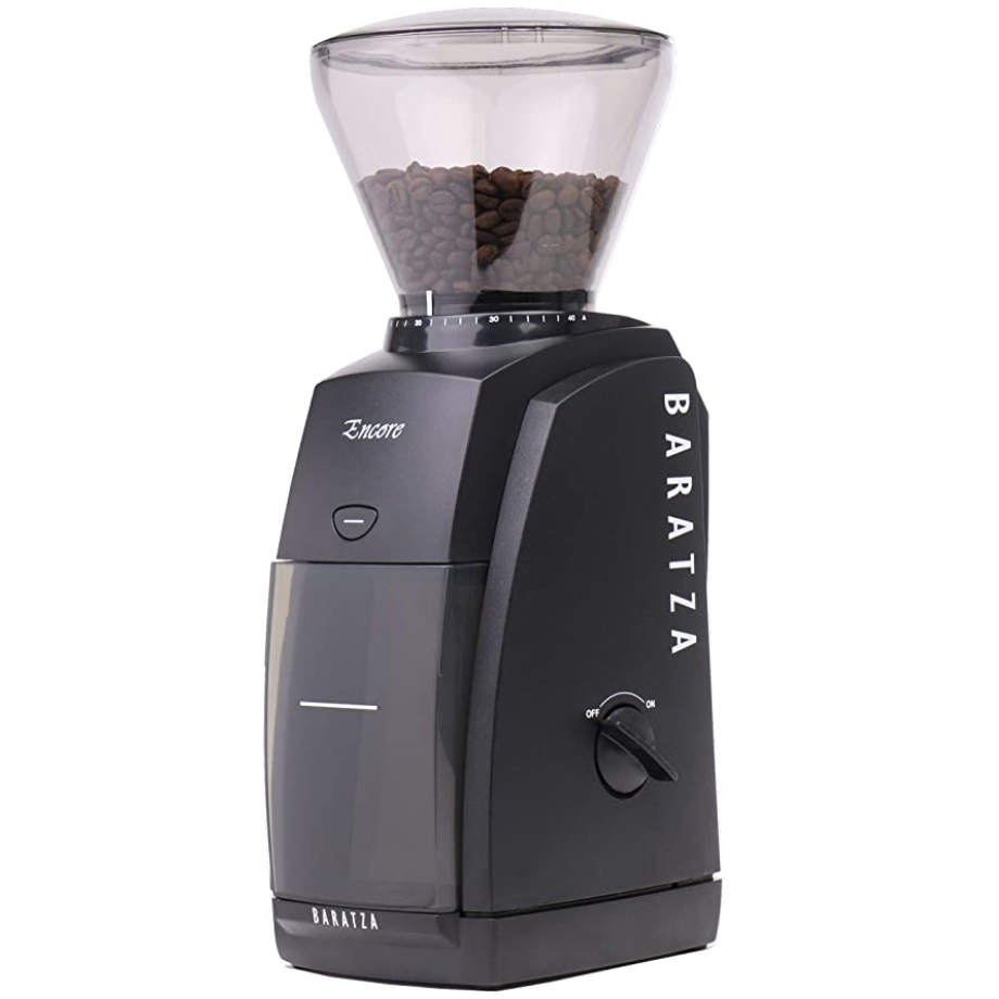 Barazta encore coffee grinder with a black body with a translucent grey hopper.