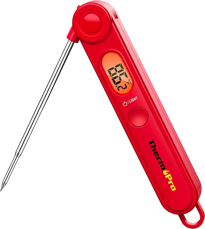 red cooking thermometer with an orange LCD that reads 86˚. Opened at an acute angle.