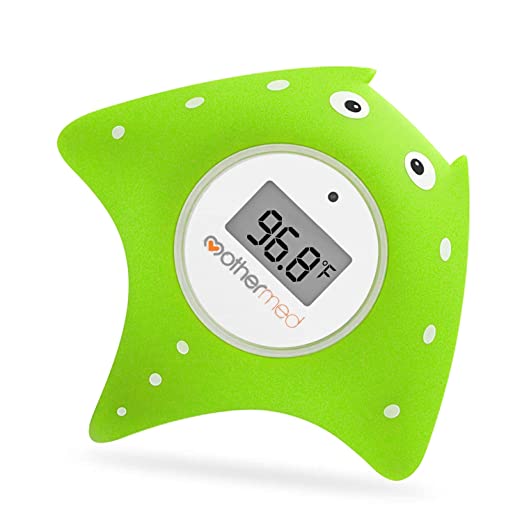 Bath thermometer shaped like a green sting ray and a screen with a temperature reading of 96.8 degrees.