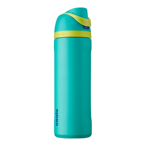 Teal Owala water bottle with a lime green trim around the cap, it has a flip top lid.